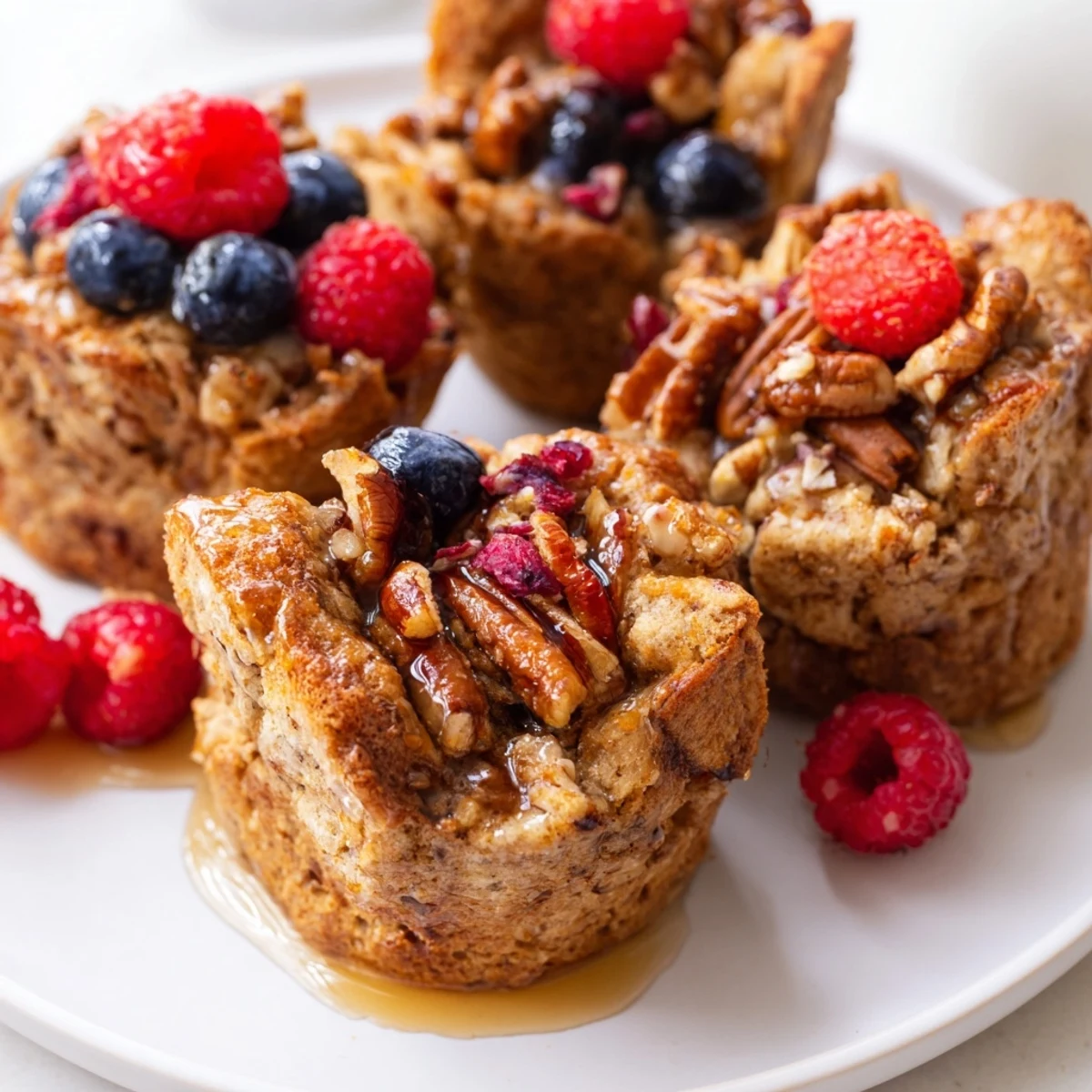 A close-up of Protein French Toast Muffins revealing a moist, fluffy texture, topped with fresh berries and a drizzle of maple syrup.
