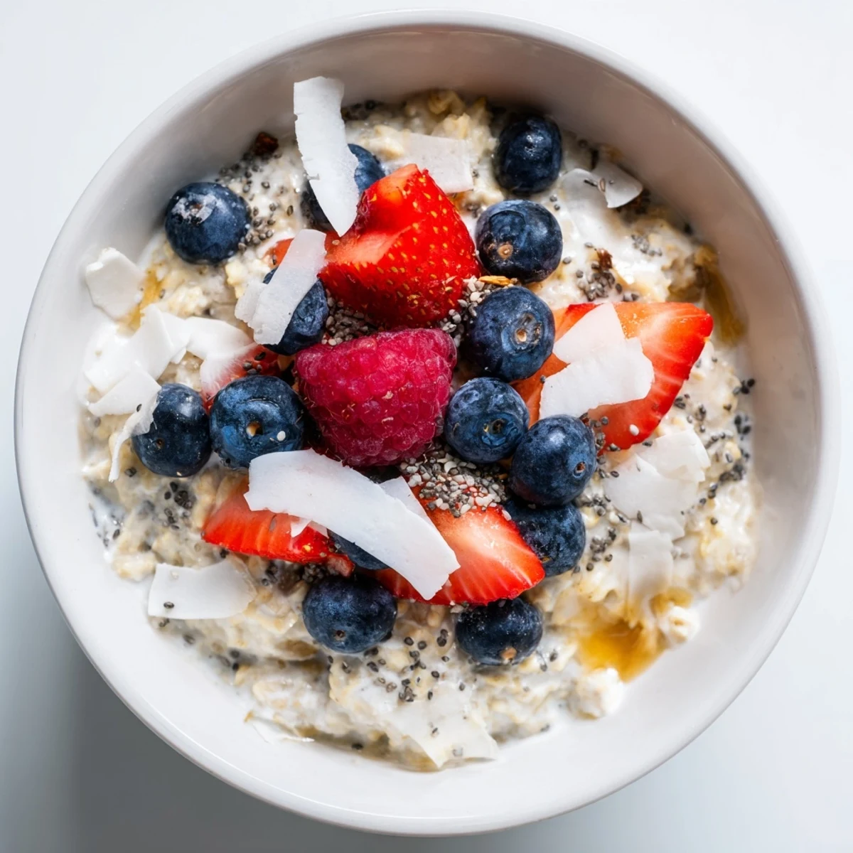 Steam rises from a warm bowl of Tasty Coconut Cream Oats, topped with fresh berries and toasted flakes.