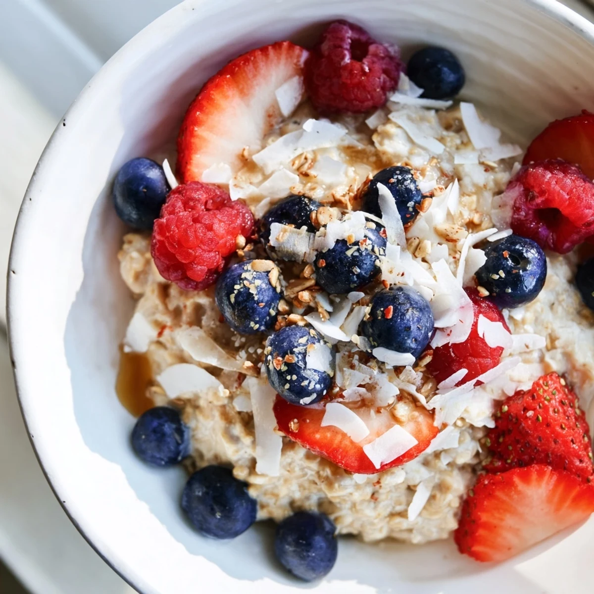 A close-up view shows Tasty Coconut Cream Oats in a white bowl, garnished with blueberries and maple syrup.