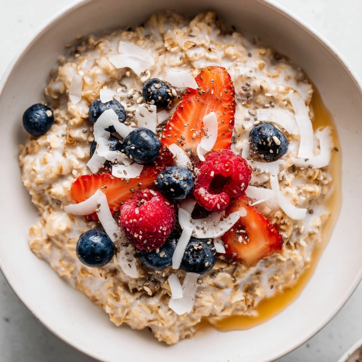 Two servings of Tasty Coconut Cream Oats sit beside fresh raspberries and a spoon, ready to eat.