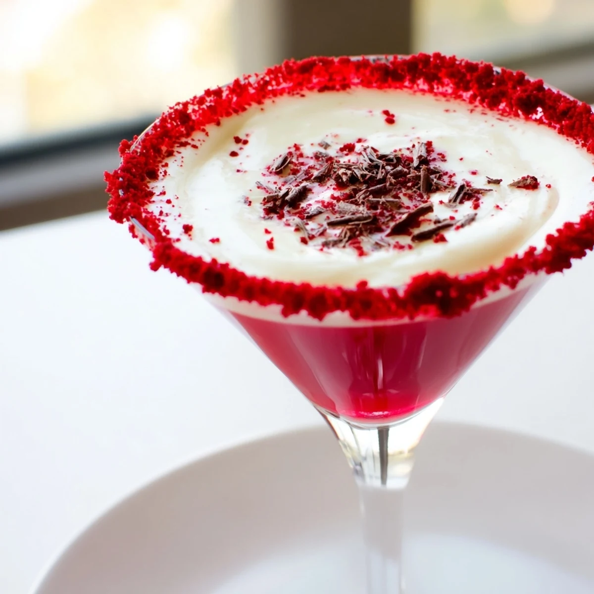 Two elegant martini glasses filled with Decadent Red Velvet Martini, garnished with chocolate shavings and a cream cheese frosting rim, served on a dark slate surface.