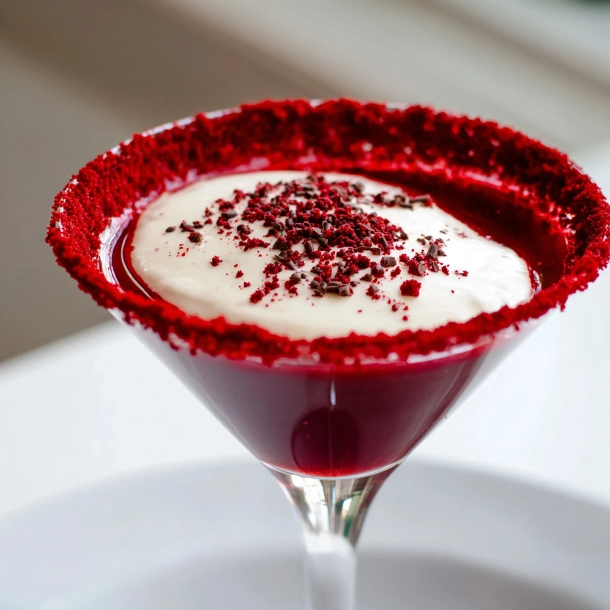 Close-up of a Decadent Red Velvet Martini in a crystal glass, swirling with rich red liquid and topped with red velvet cake crumbs for a festive look.