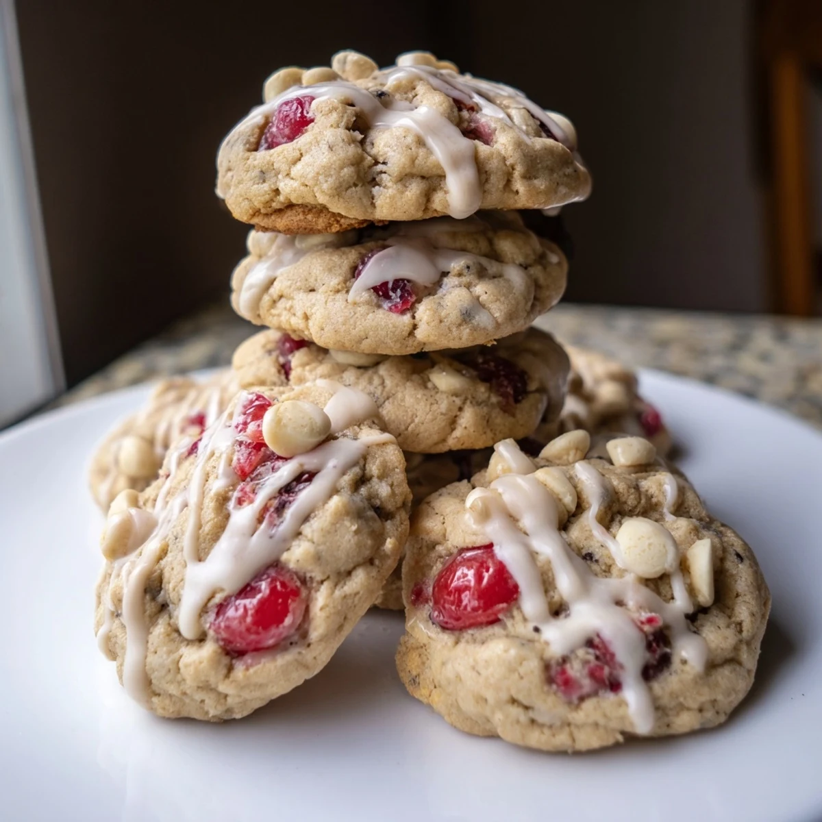 Brightly pink Irresistible Maraschino Cherry Cookies studded with cherries and drizzled with almond glaze on a wire rack.