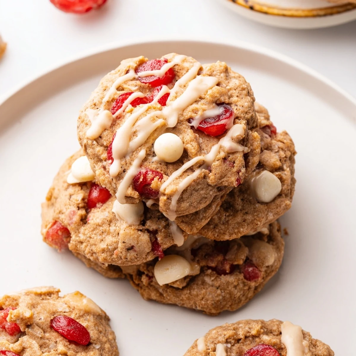 A close-up of chewy Irresistible Maraschino Cherry Cookies with chunks of sweet cherries and a glossy pink glaze.