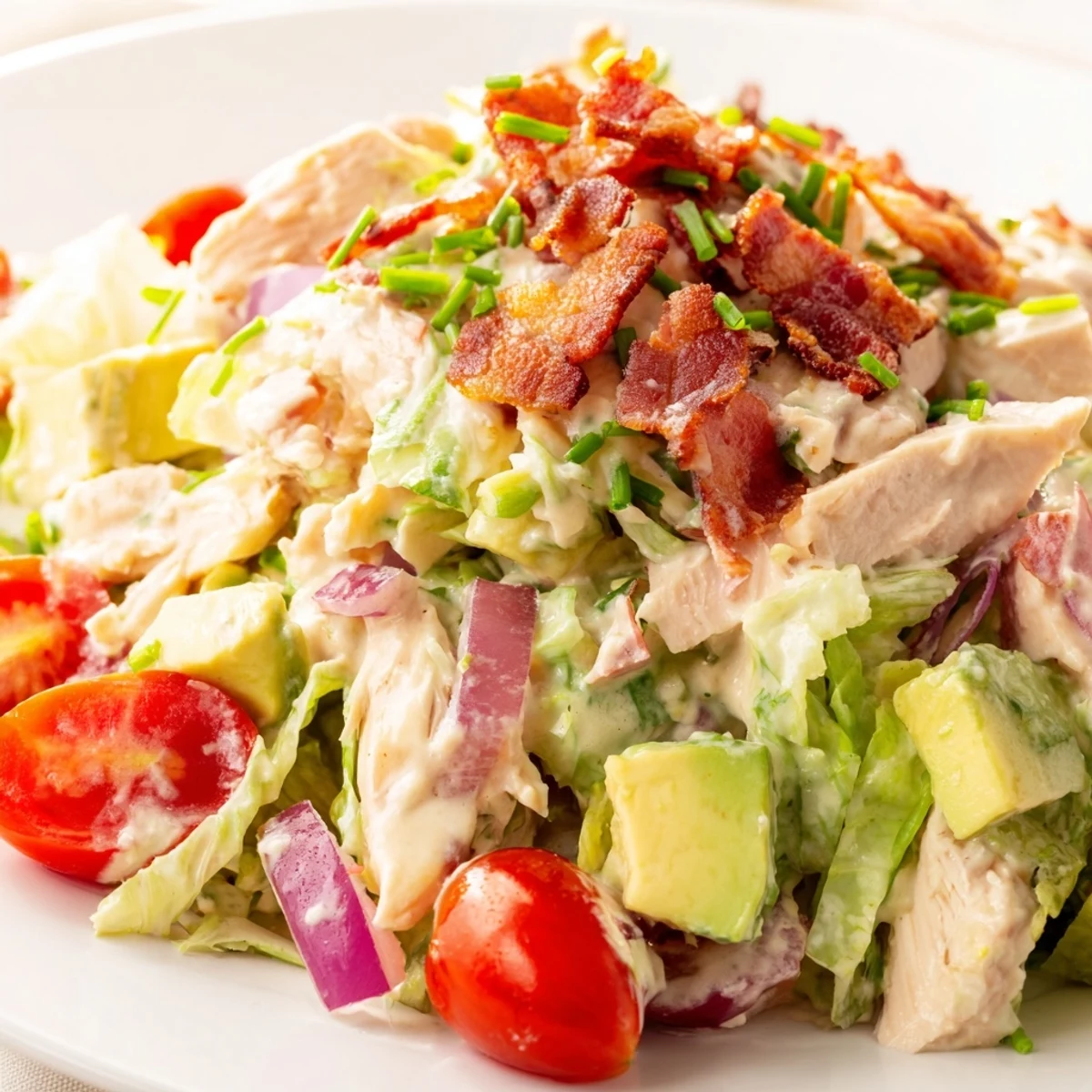 A vibrant bowl of BLT Chicken Salad features juicy sliced chicken, crispy crumbled bacon, halved cherry tomatoes, and fresh avocado on romaine lettuce.