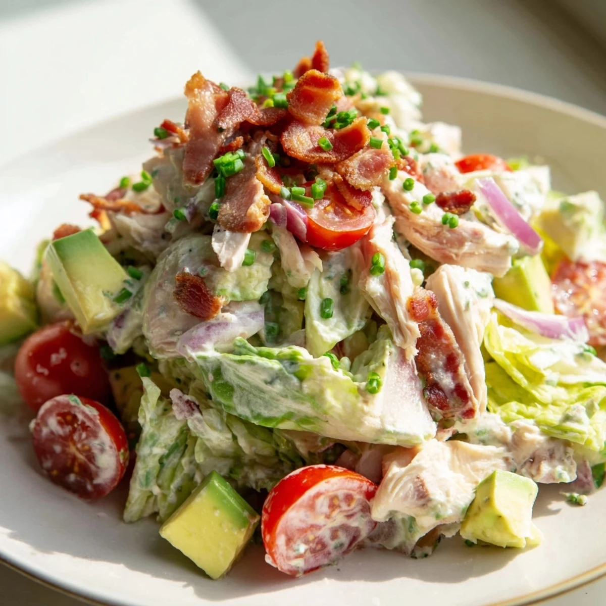 This easy BLT Chicken Salad recipe is tossed in creamy dressing and garnished with chives, perfect for a quick gluten-free main dish.