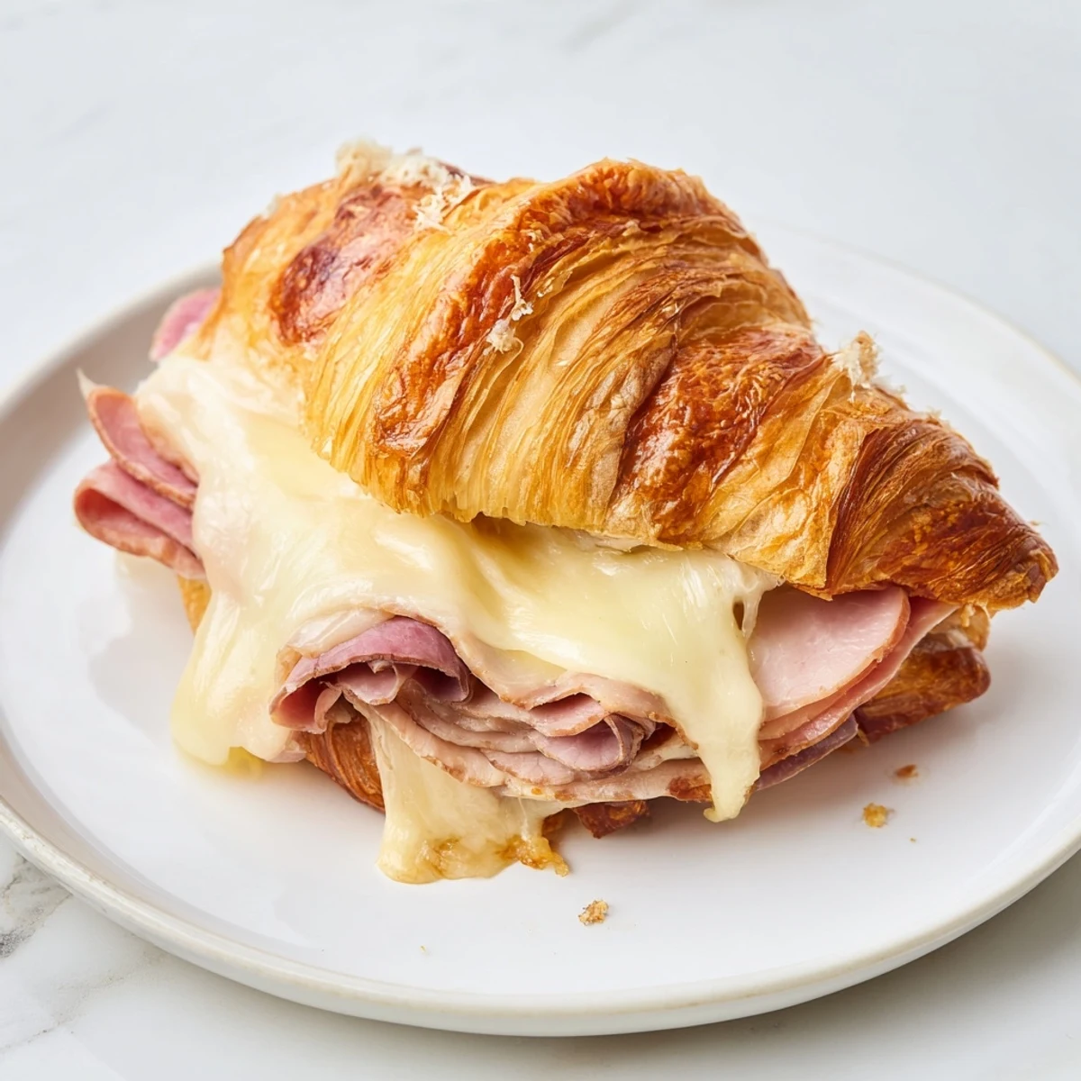 Golden, flaky Easy Air Fryer Beef Ham Cheese Croissants resting on a white plate.