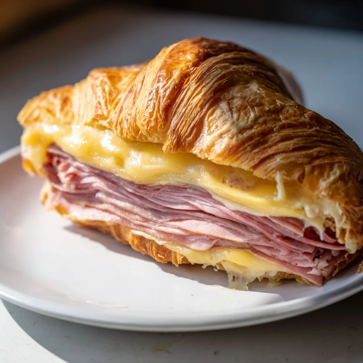 A close-up of Easy Air Fryer Beef Ham Cheese Croissants oozing melted cheese.