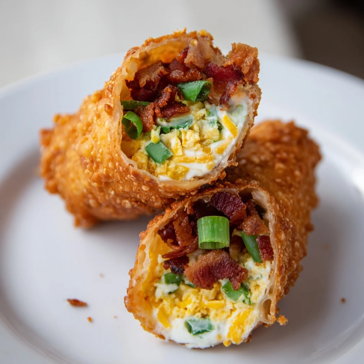 Golden crispy Bacon Jalapeno Popper Eggrolls sit on a platter, showing melted cheese and smoky bacon bits inside. 