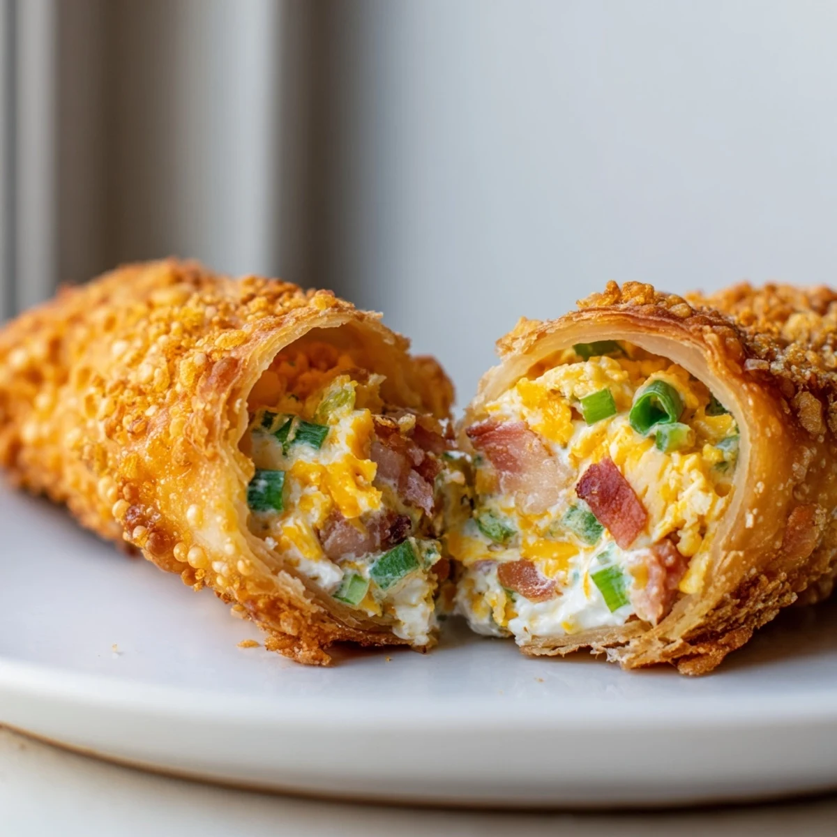 A close-up shot reveals the crunchy fried shell of Bacon Jalapeno Popper Eggrolls beside a small bowl of ranch dip. 