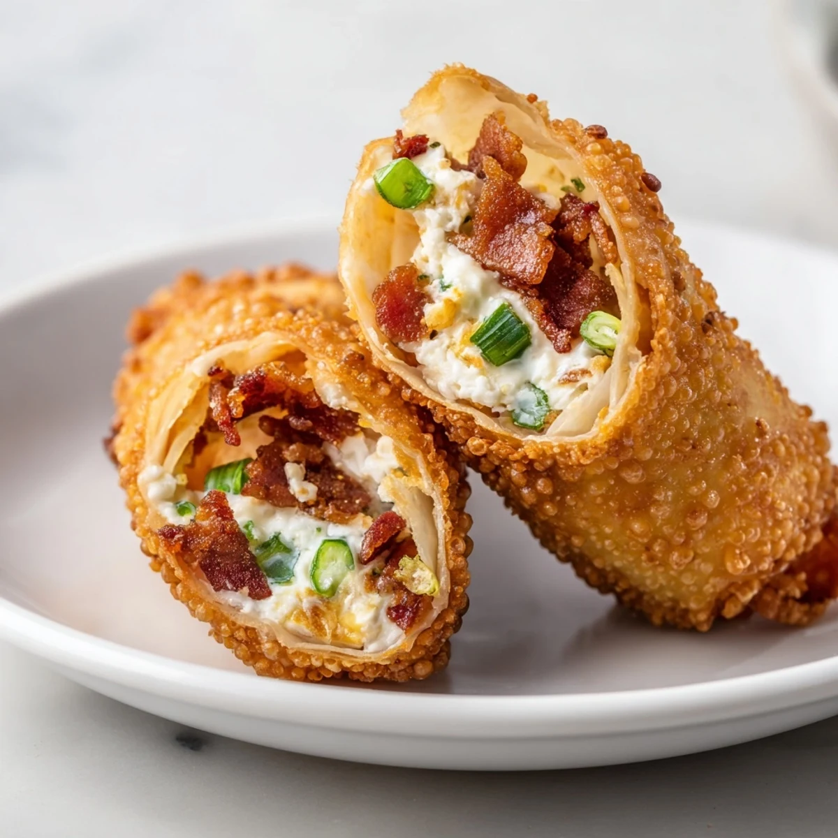 Stacked Bacon Jalapeno Popper Eggrolls emit steam, highlighting the spicy jalapeño flecks and golden-brown appetizer texture.