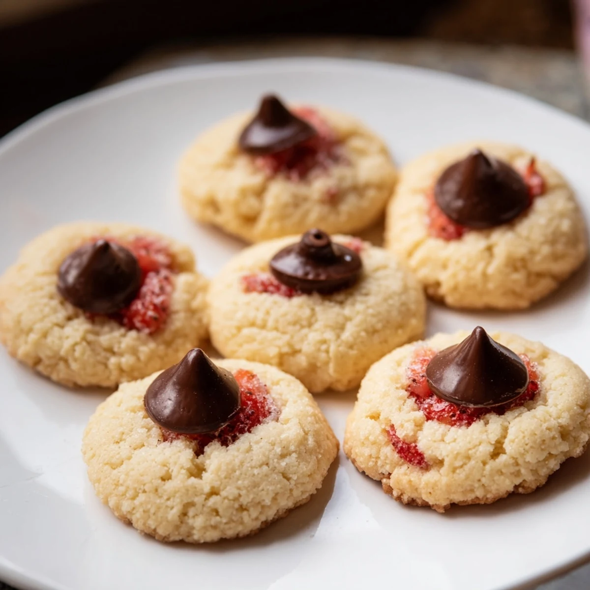 Strawberry Kiss Cookies lined on a wire rack, their soft pink centers topped with classic chocolate kisses for a sweet finish.