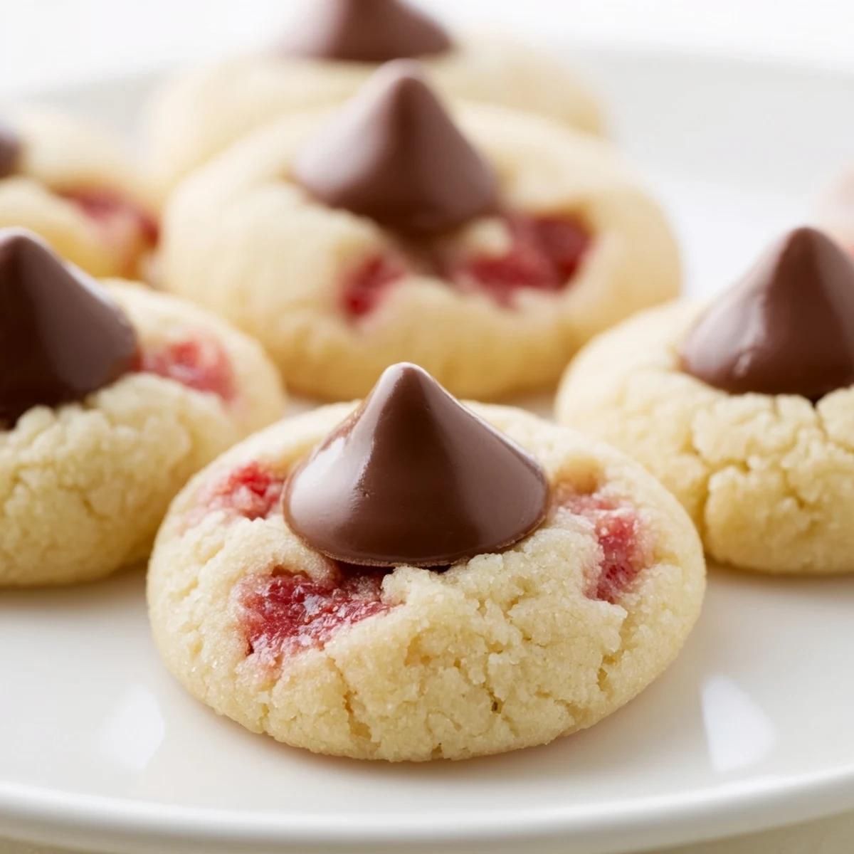 A fresh batch of Strawberry Kiss Cookies reveals jammy strawberry bits and melted chocolate, perfect for springtime dessert trays.
