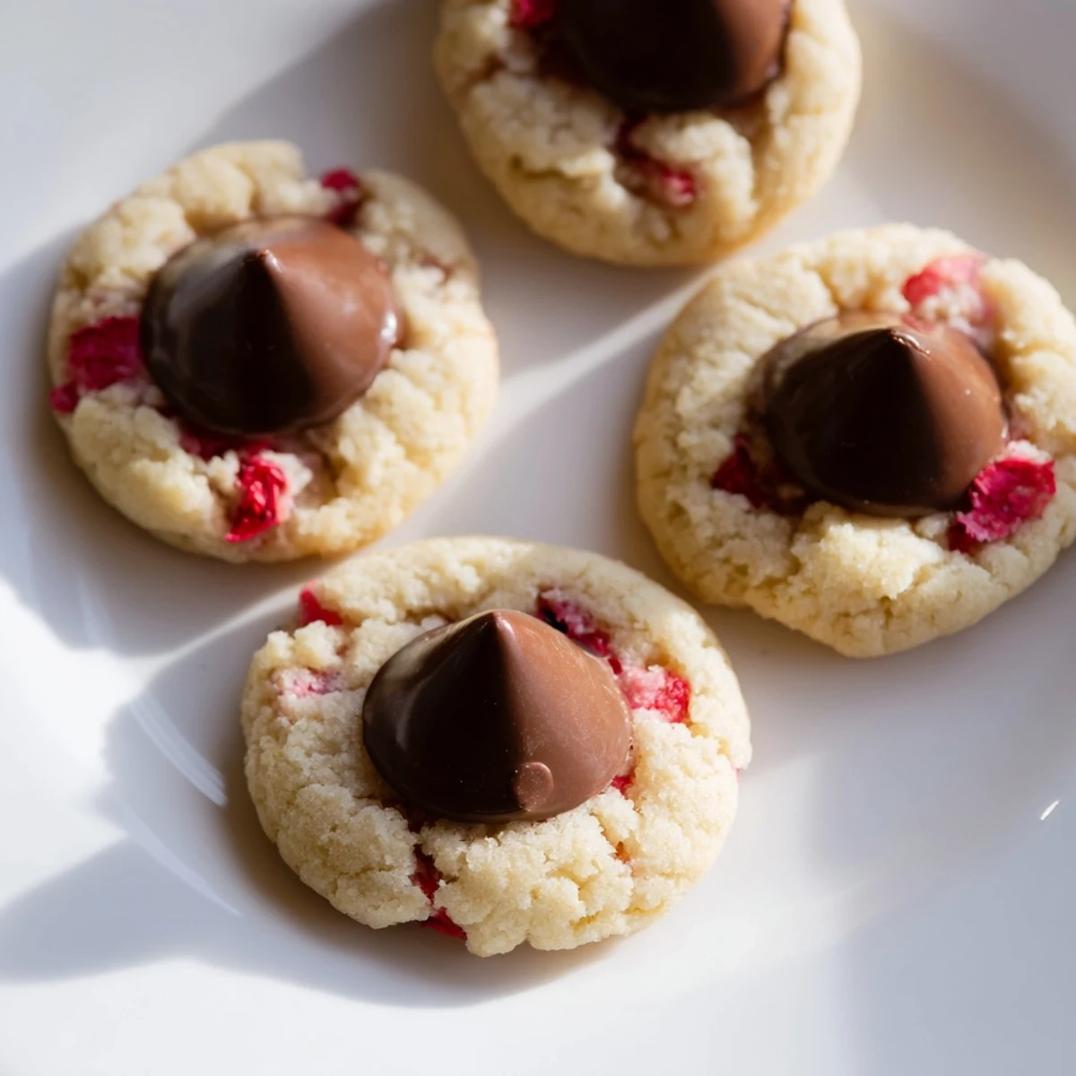 Overhead view of Strawberry Kiss Cookies on a parchment-lined baking sheet, showcasing their golden edges and vibrant red strawberry swirls.