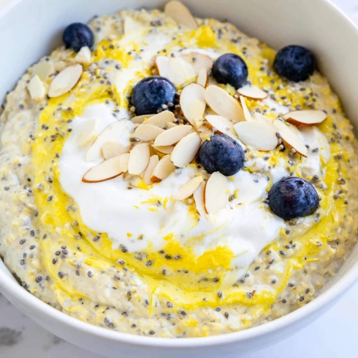 Creamy Vegan Lemon Poppy Seed Overnight Oats layered in a jar, topped with fresh berries and sliced almonds for a bright morning.