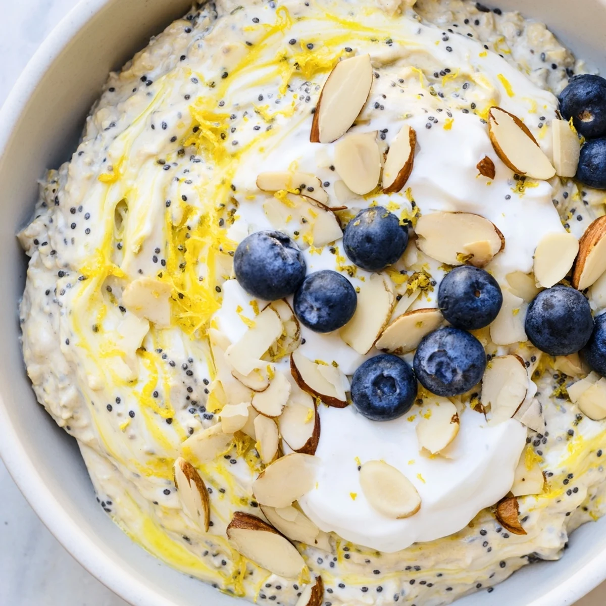 Vegan Lemon Poppy Seed Overnight Oats served in a glass bowl, garnished with coconut yogurt and lemon zest for a refreshing breakfast.