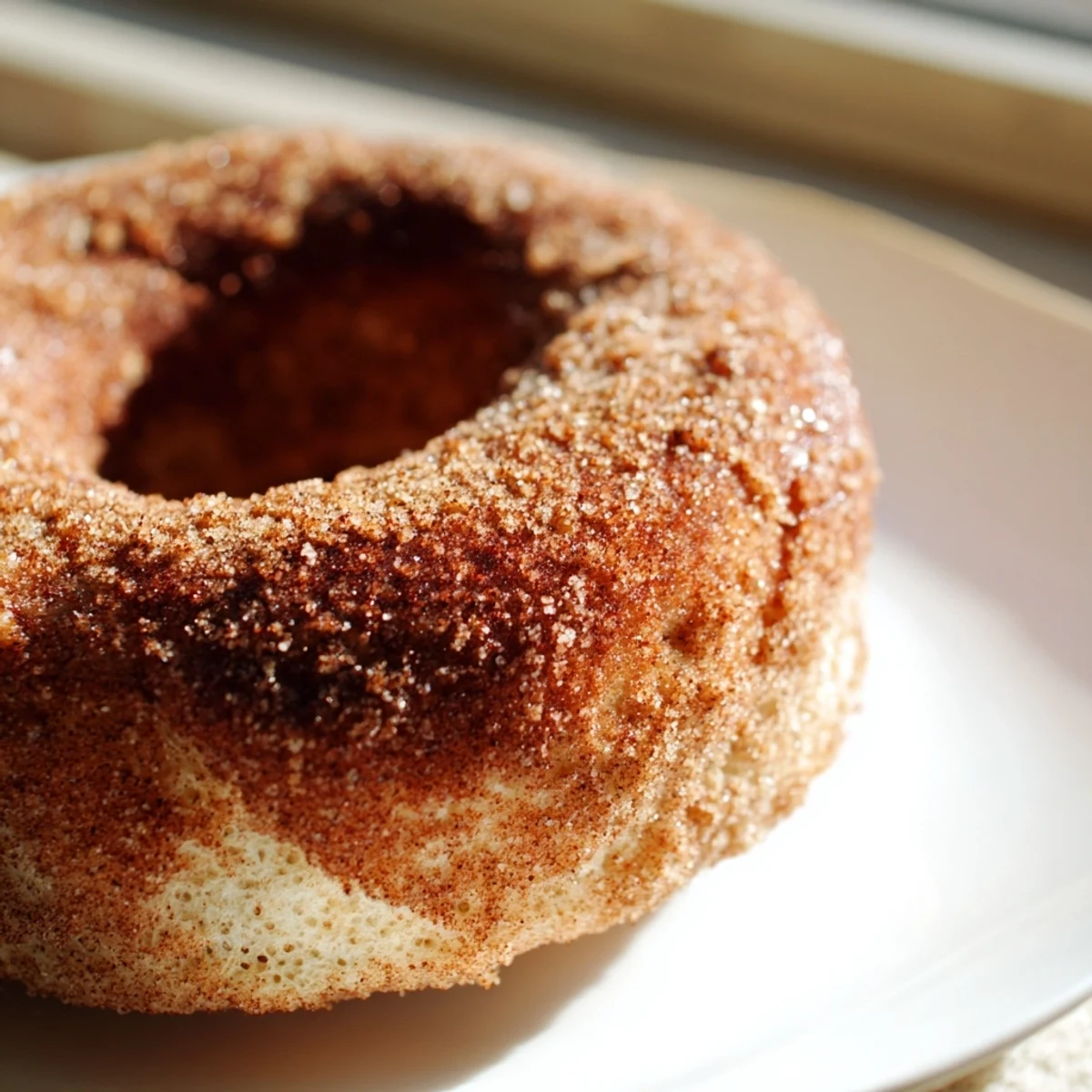 Warm Delicious Baked Cinnamon Sugar Donuts You Cant Resist served on a plate beside a steaming cup of coffee.