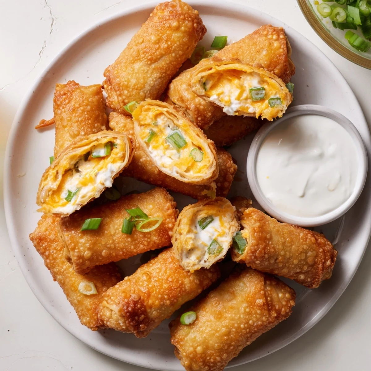 Freshly fried Mini Jalapeño Popper Egg Rolls reveal melted cheese and spicy jalapeño filling inside.