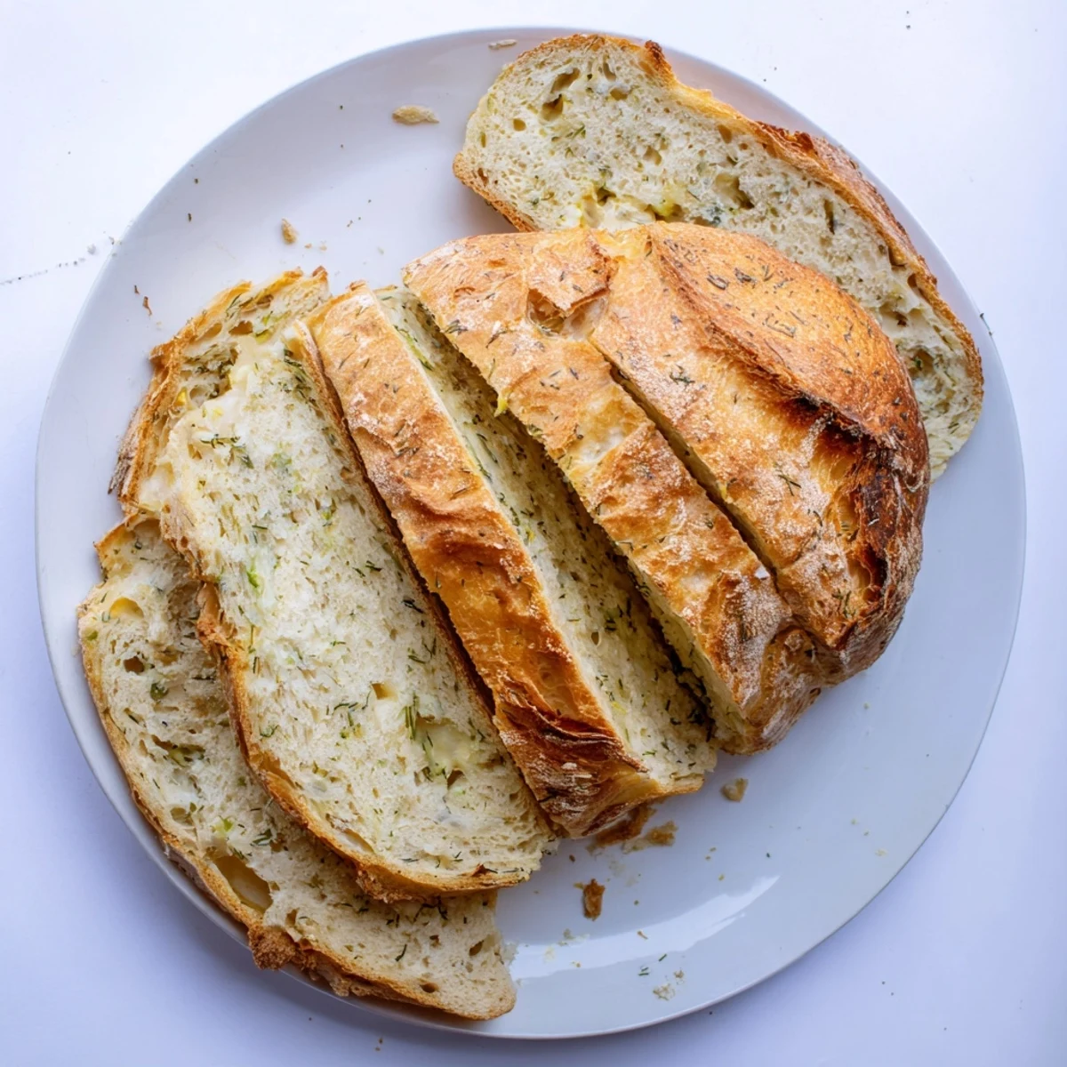 Rustic No Knead Dill Gouda Artisan Bread loaf with crackling crust on wooden board.