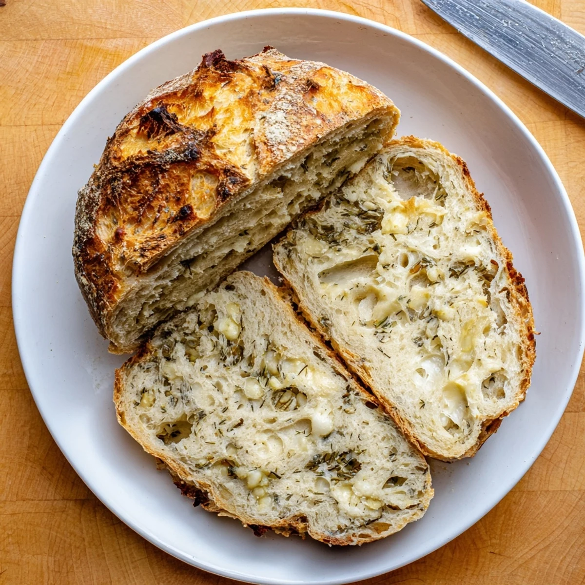 Sliced No Knead Dill Gouda Artisan Bread showing airy crumb and flecks of dill.