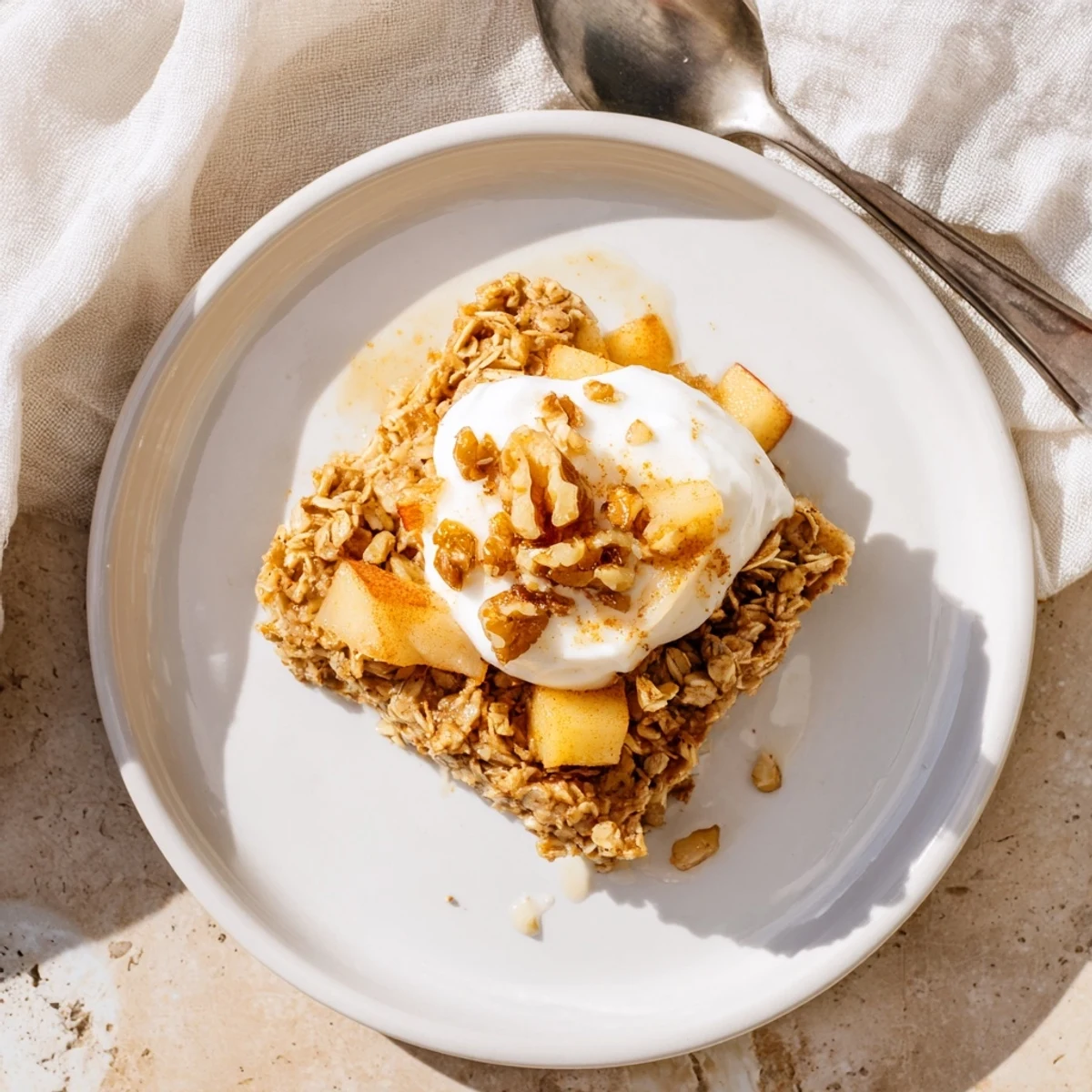 A freshly baked apple oatmeal square topped with creamy Greek yogurt, chopped walnuts, and a drizzle of sweet maple syrup.