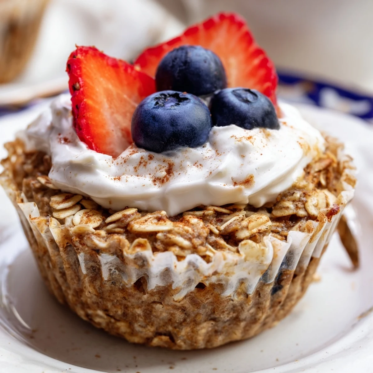 Golden-brown Baked Oatmeal Cups with Greek Yogurt sit on a wooden board, topped with creamy yogurt and fresh berries for a healthy breakfast.  