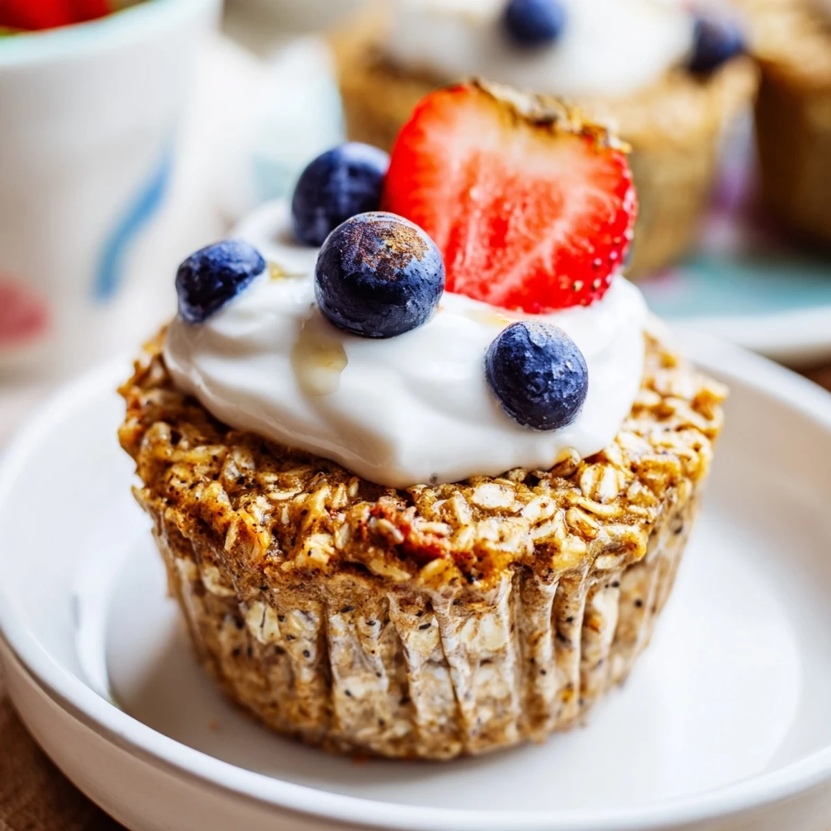 These golden Baked Oatmeal Cups with Greek Yogurt are garnished with honey drizzle and berries, ideal for a wholesome bite.