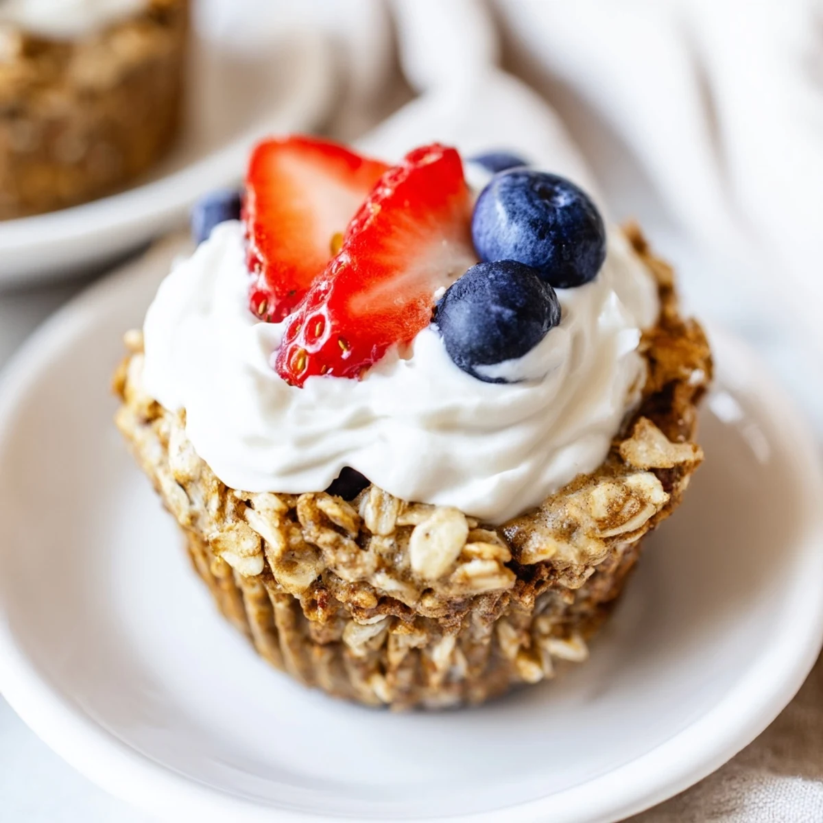 Moist and hearty Baked Oatmeal Cups with Greek Yogurt are served warm, perfect for a grab-and-go morning snack.  