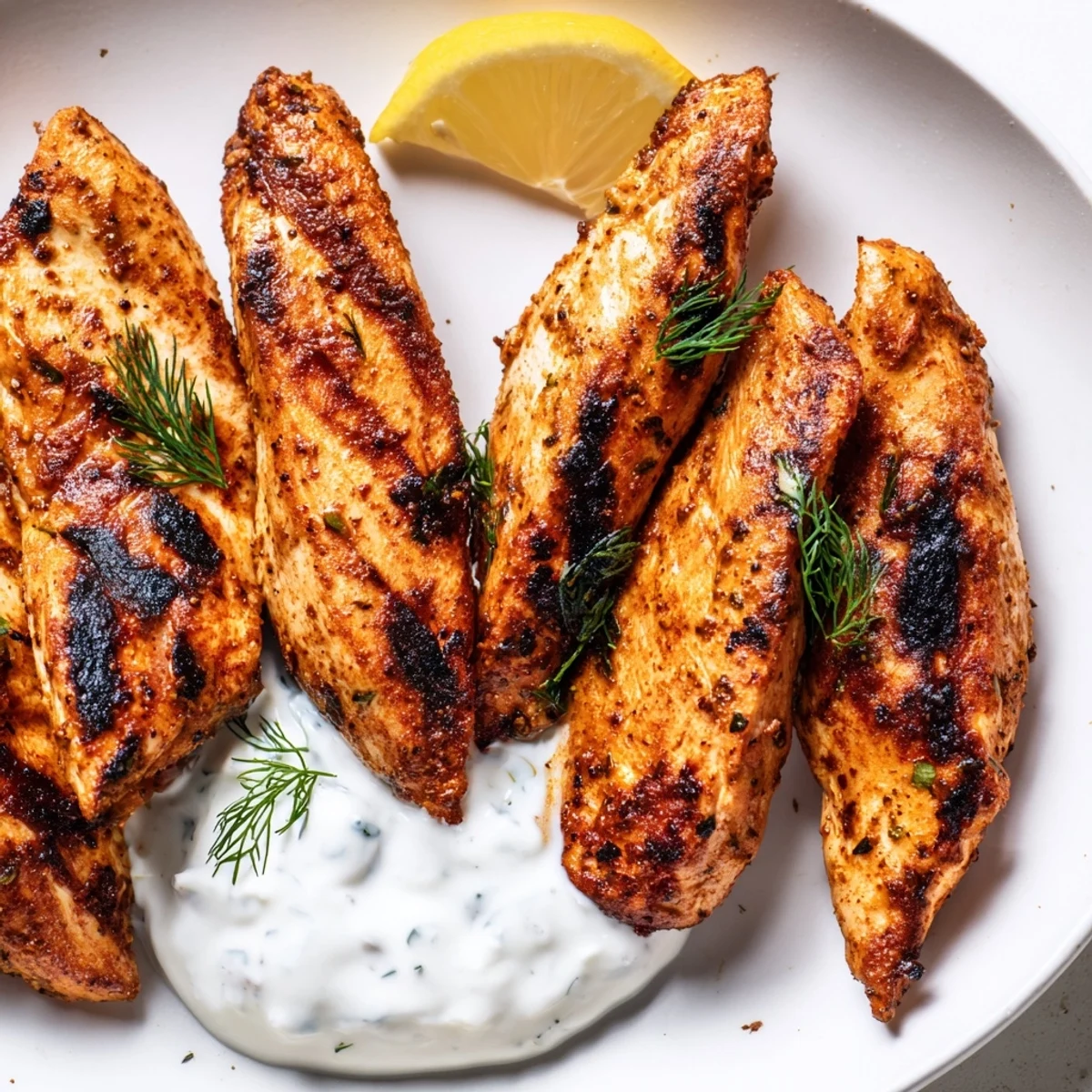 Juicy Delicious Greek Chicken Tenders grilled and served with a creamy, cooling yogurt dipping sauce for a flavorful meal.