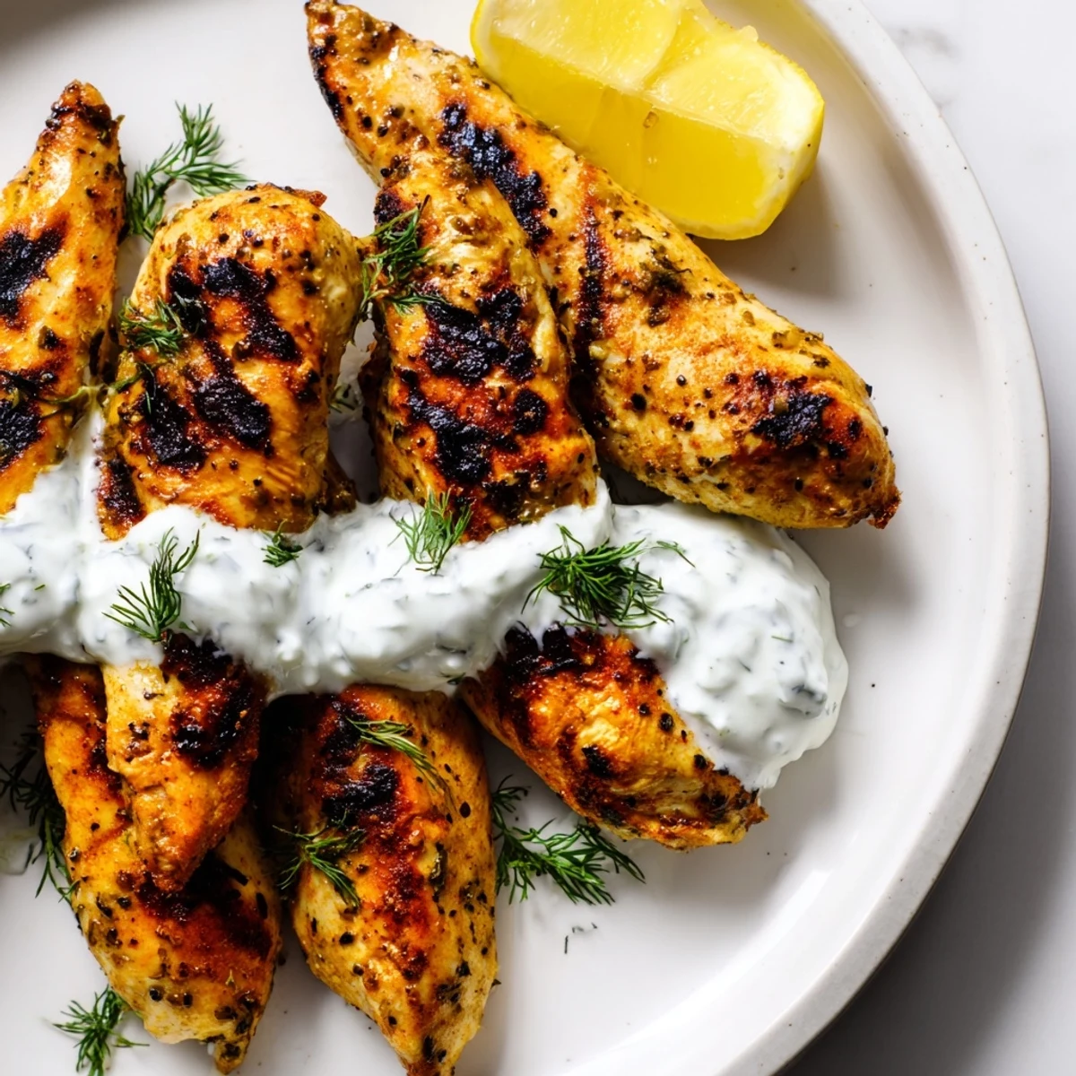 Sizzling Delicious Greek Chicken Tenders on the grill, garnished with fresh herbs and lemon wedges for a bright, tangy finish.