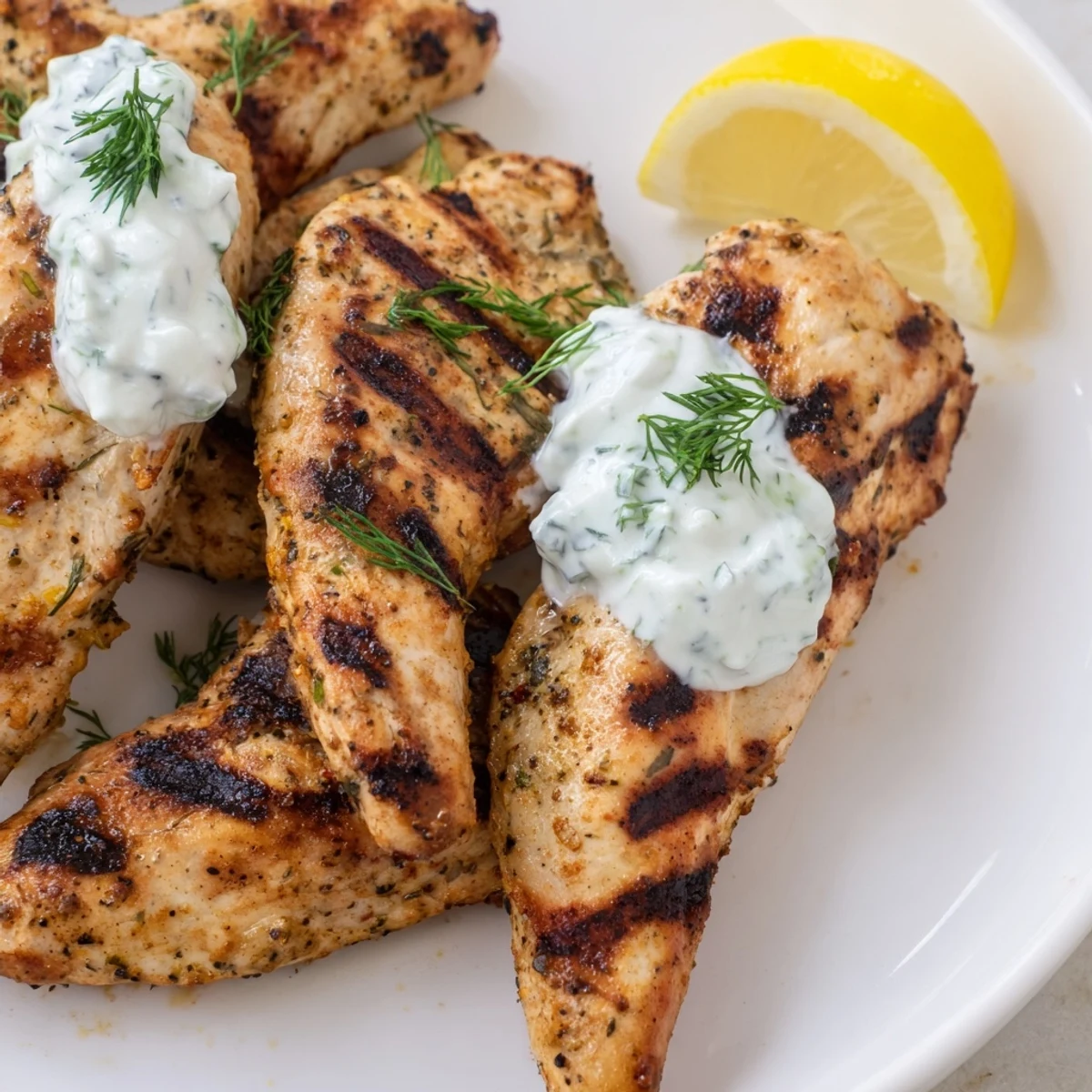 Family-style platter of Delicious Greek Chicken Tenders alongside a refreshing cucumber yogurt sauce and warm pita bread slices.