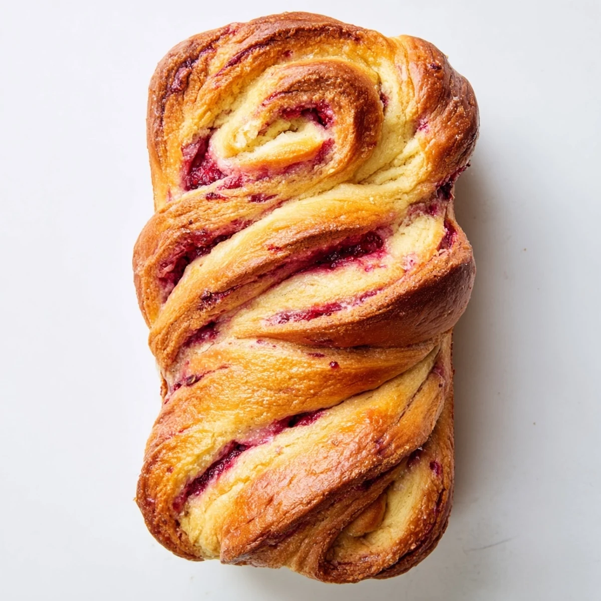 Golden Raspberry Swirl Brioche Loaf fresh from the oven, with a tender crumb and vibrant red jam spiral, sliced for a cozy breakfast spread.