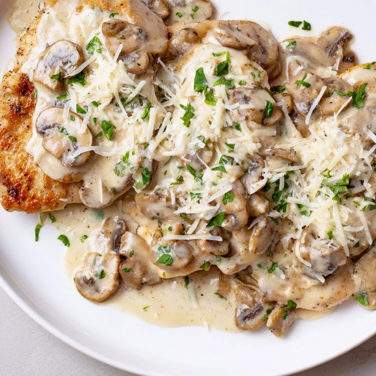 Golden-brown chicken breasts smothered in creamy Mushroom Asiago Chicken sauce, garnished with fresh parsley.