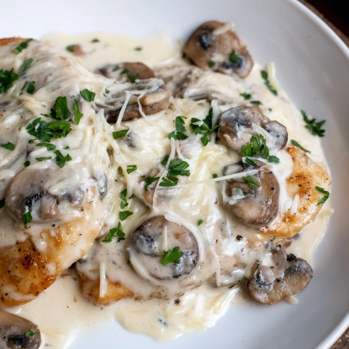 A rustic skillet of Mushroom Asiago Chicken beside buttery mashed potatoes and a glass of white wine.