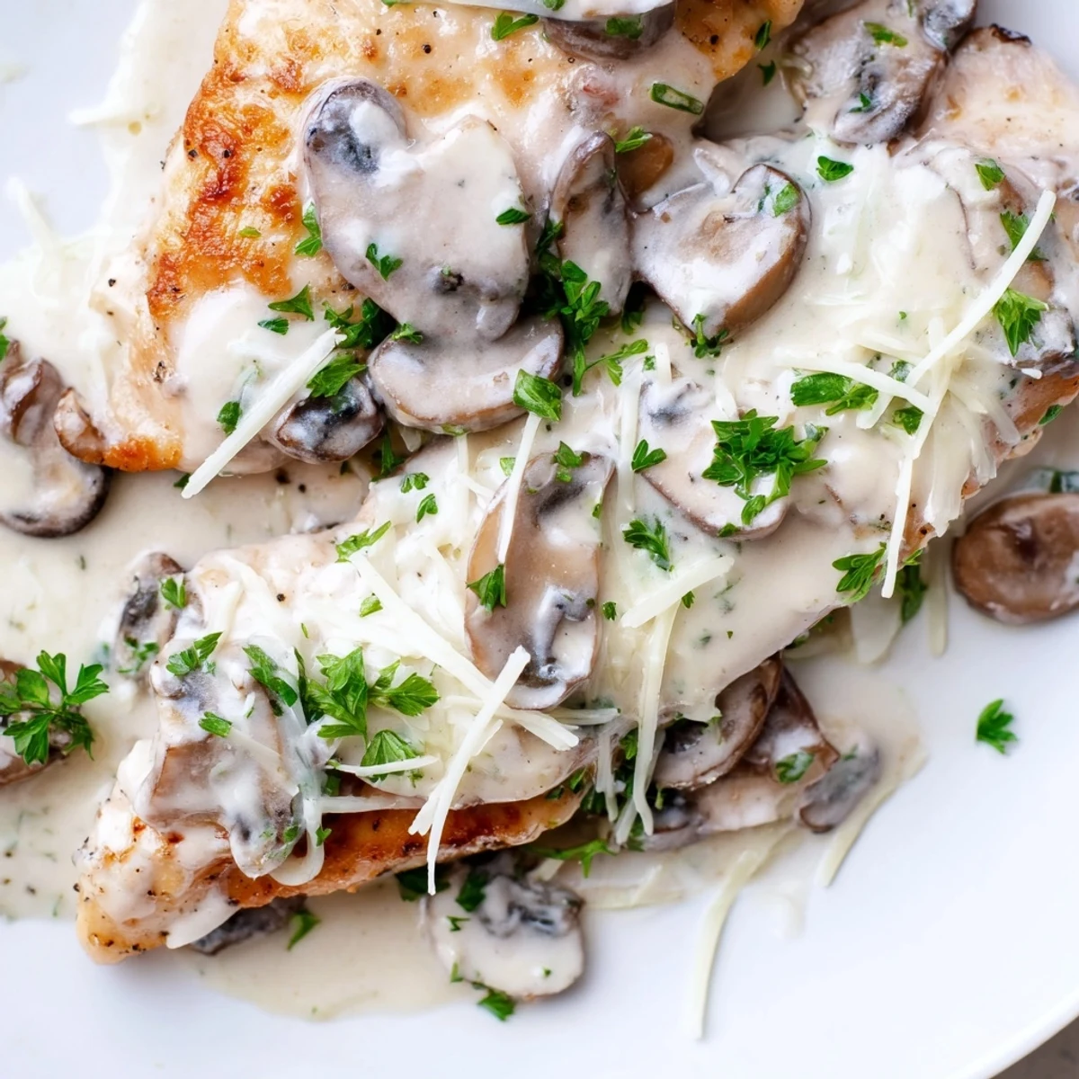 Close-up of tender Mushroom Asiago Chicken with sautéed mushrooms and melted Asiago cheese bubbling on top.