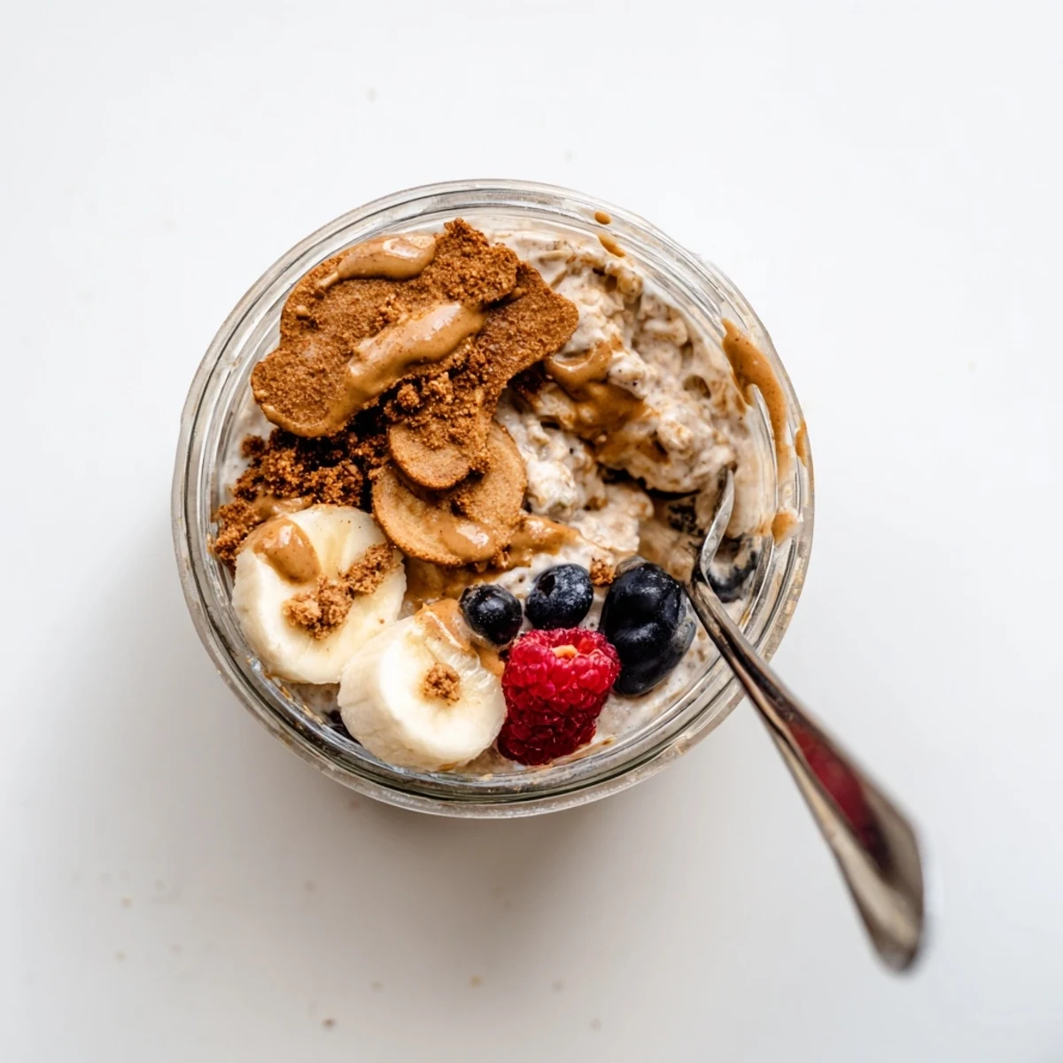 A spoon lifting a creamy portion of Quick Biscoff Overnight Oats from a jar, showing the rolled oats and cookie crumb topping.