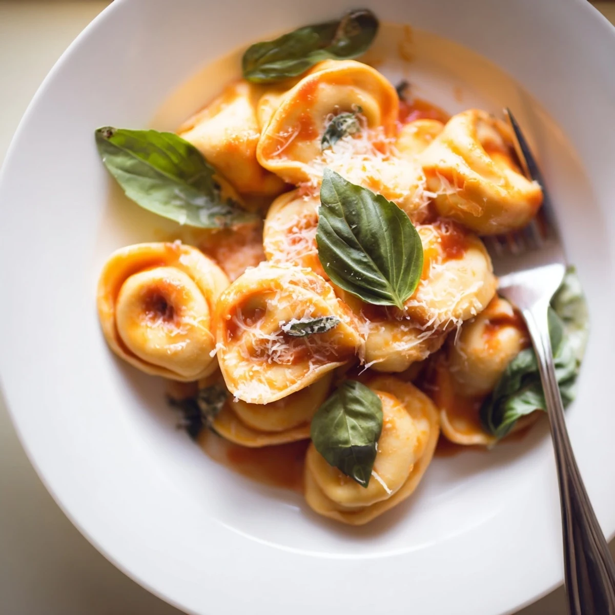 Homemade Mozzarella Tortellini pasta parcels simmer in a rich tomato sauce with melted cheese and fresh basil garnish.
