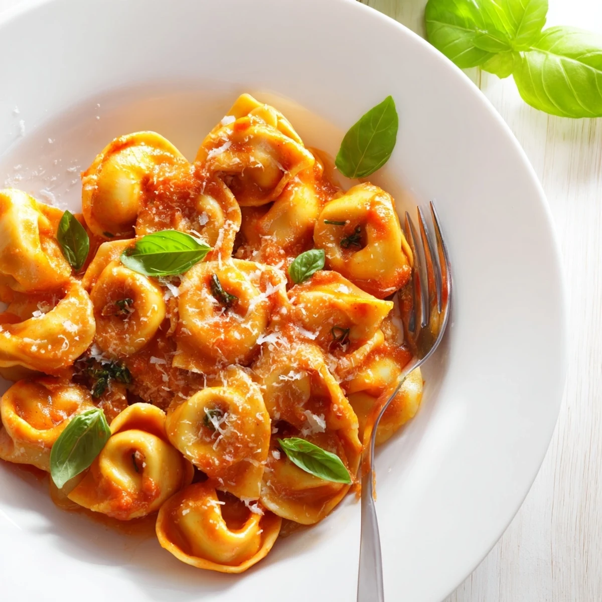 Freshly cooked Mozzarella Tortellini are tossed in a garlicky red sauce and topped with grated Parmesan for a comforting meal.