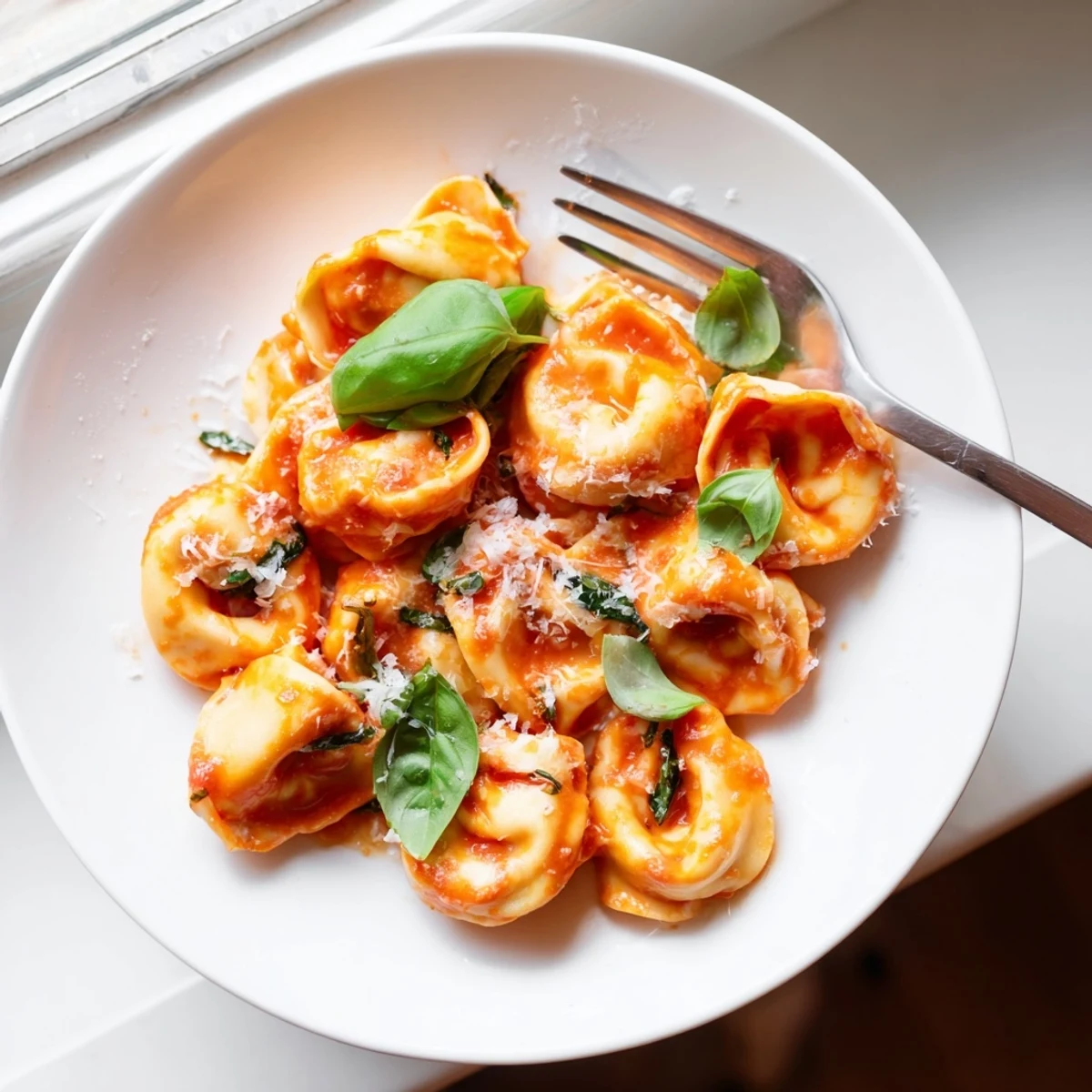 Plate of golden Mozzarella Tortellini with marinara sauce, served hot in a rustic ceramic bowl with fresh basil leaves.