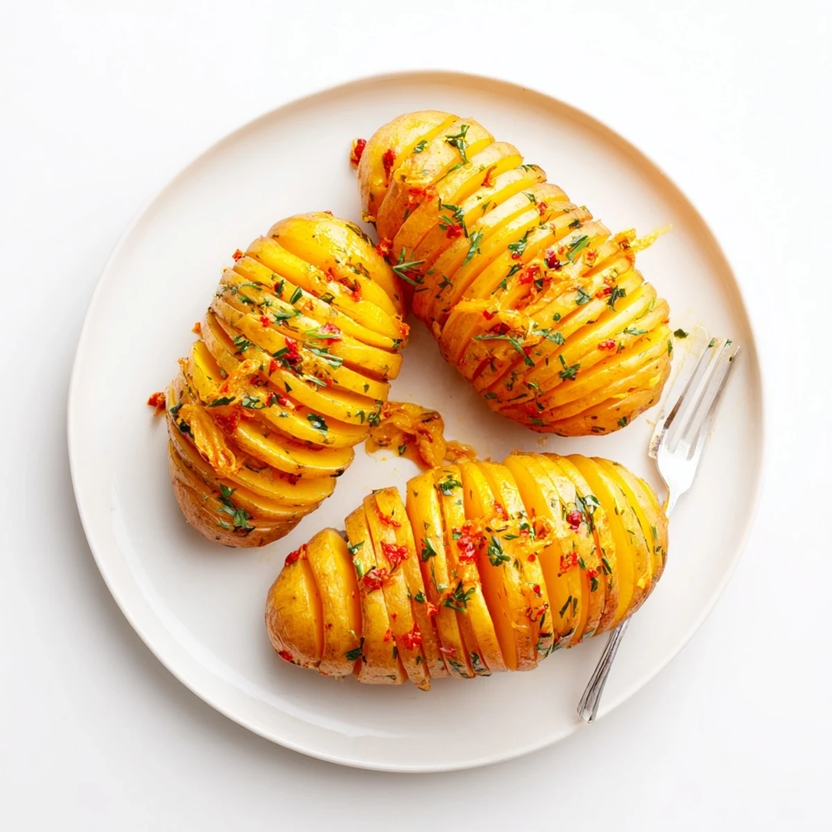 Roasted golden hasselback potatoes with herb chilli and orange butter on a serving platter.