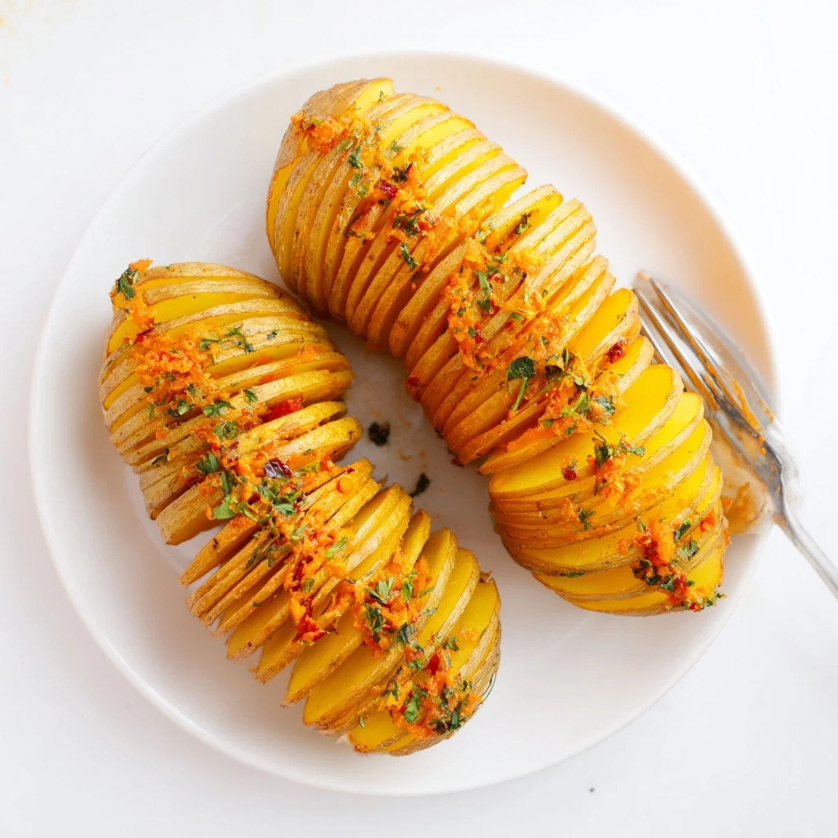 A close-up of crispy roast herb chilli and orange butter hasselback potatoes being served.