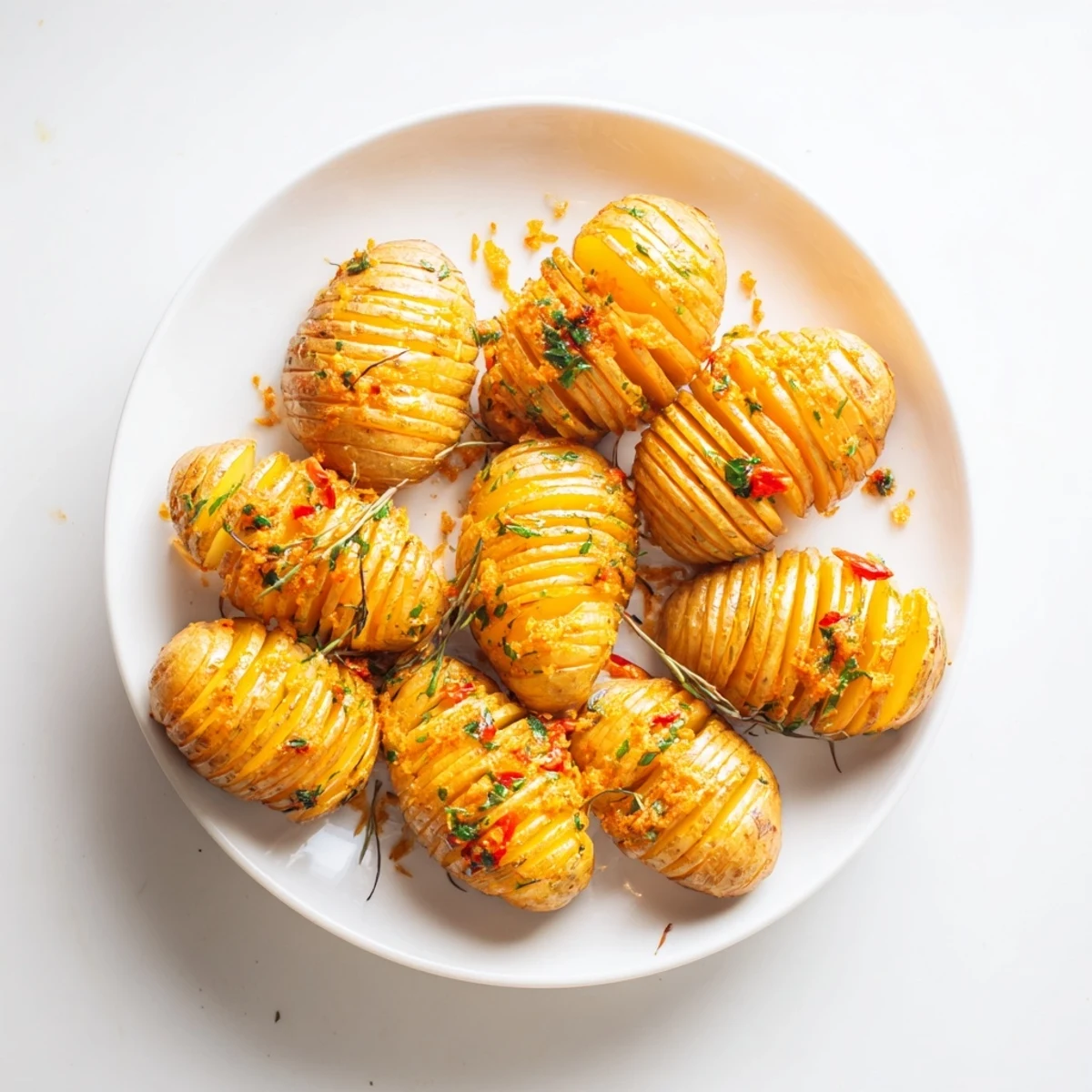 Vibrant herb chilli and orange butter hasselback potatoes roasted to golden perfection on baking tray.