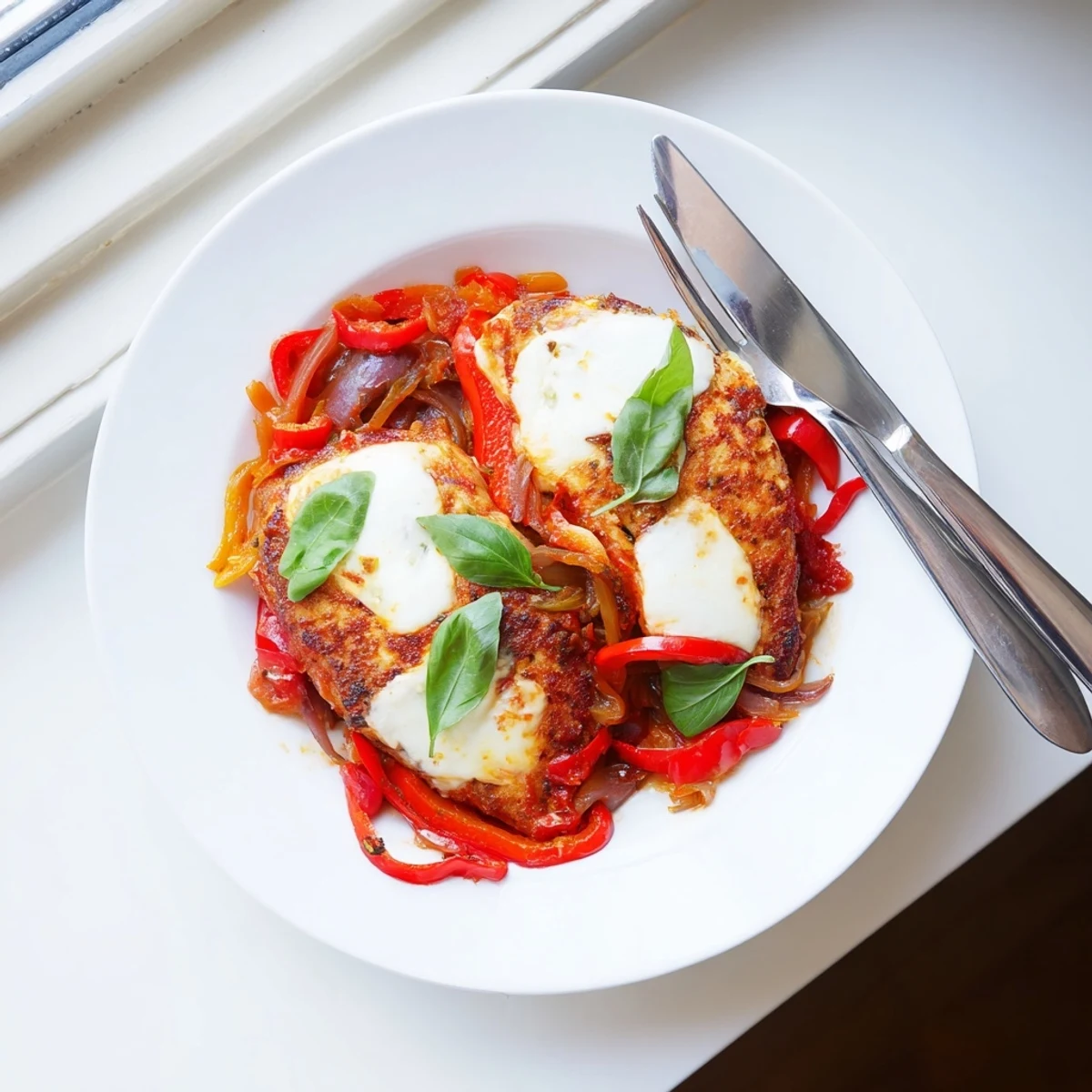 Golden-brown chicken breasts simmering in a fragrant tomato and herb sauce with melted mozzarella.