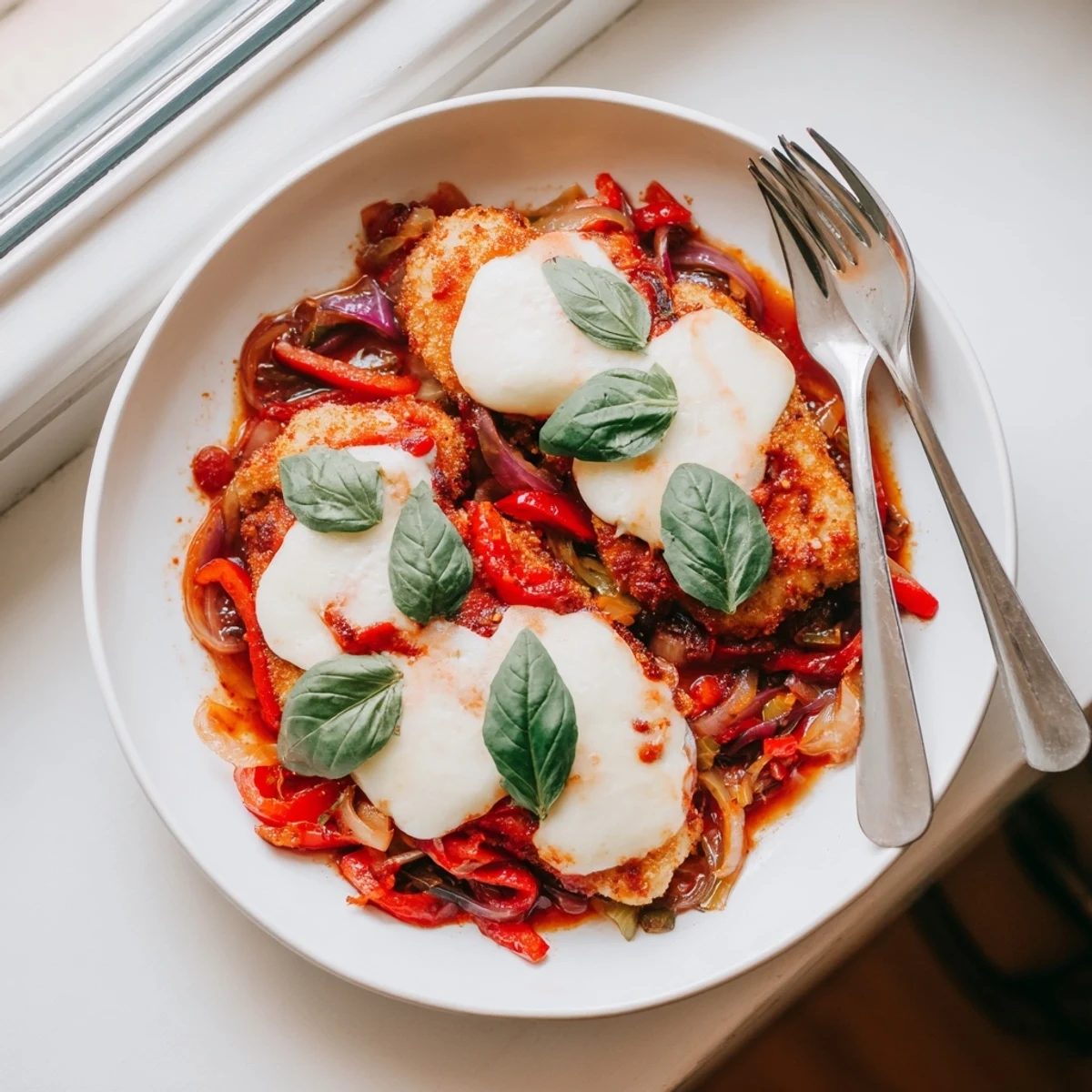 Italian Style Chicken served over pasta, garnished with fresh basil for a classic weeknight dinner.