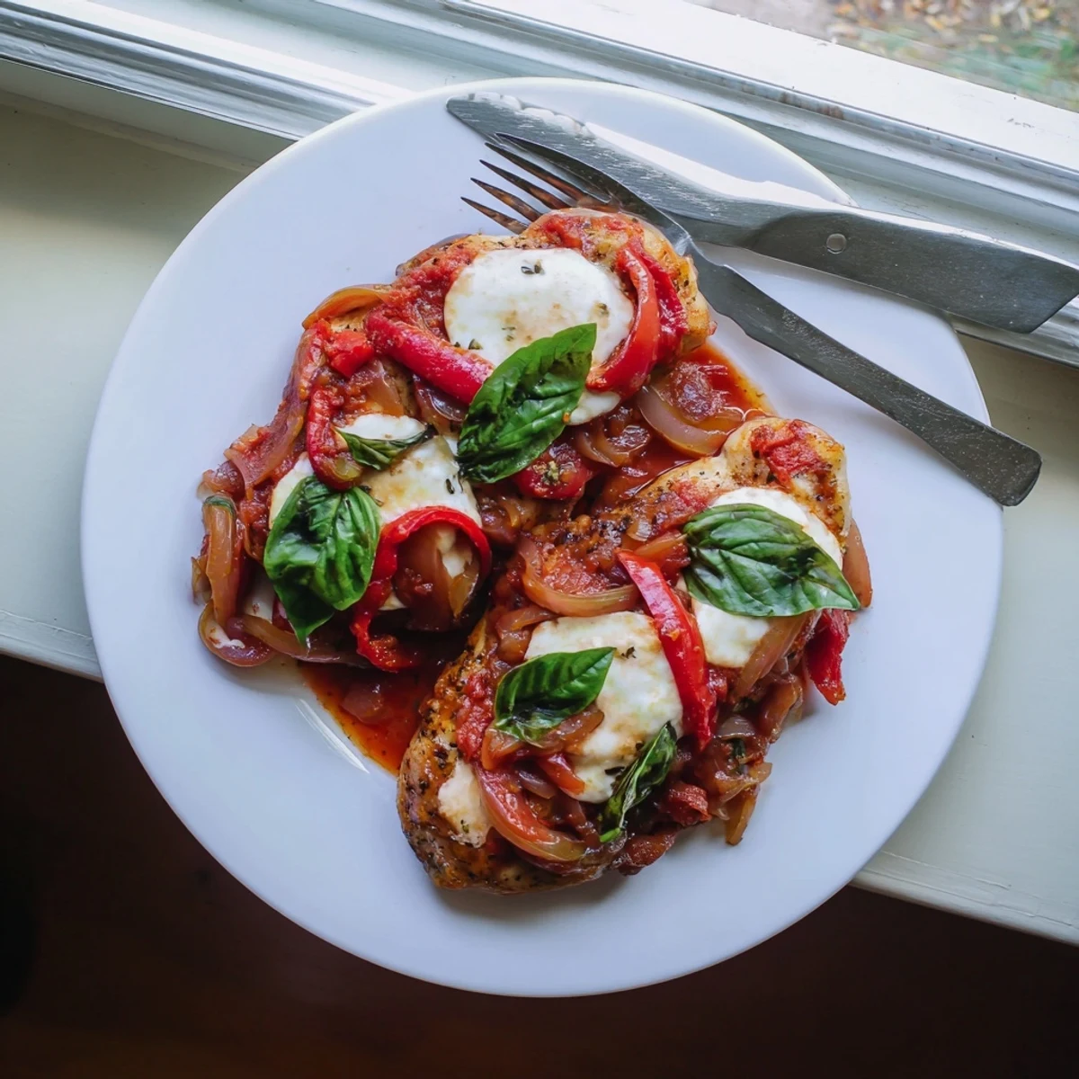 Tender chicken breasts topped with bubbly mozzarella, resting in a rich tomato sauce in a skillet.