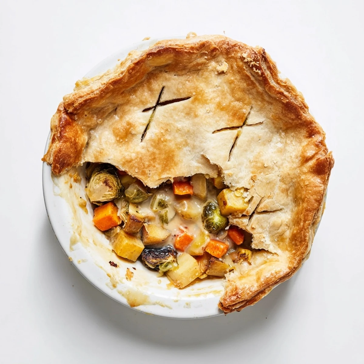 Golden-brown Leftover Roast Vegetable Pie with flaky puff pastry emerges from the oven.