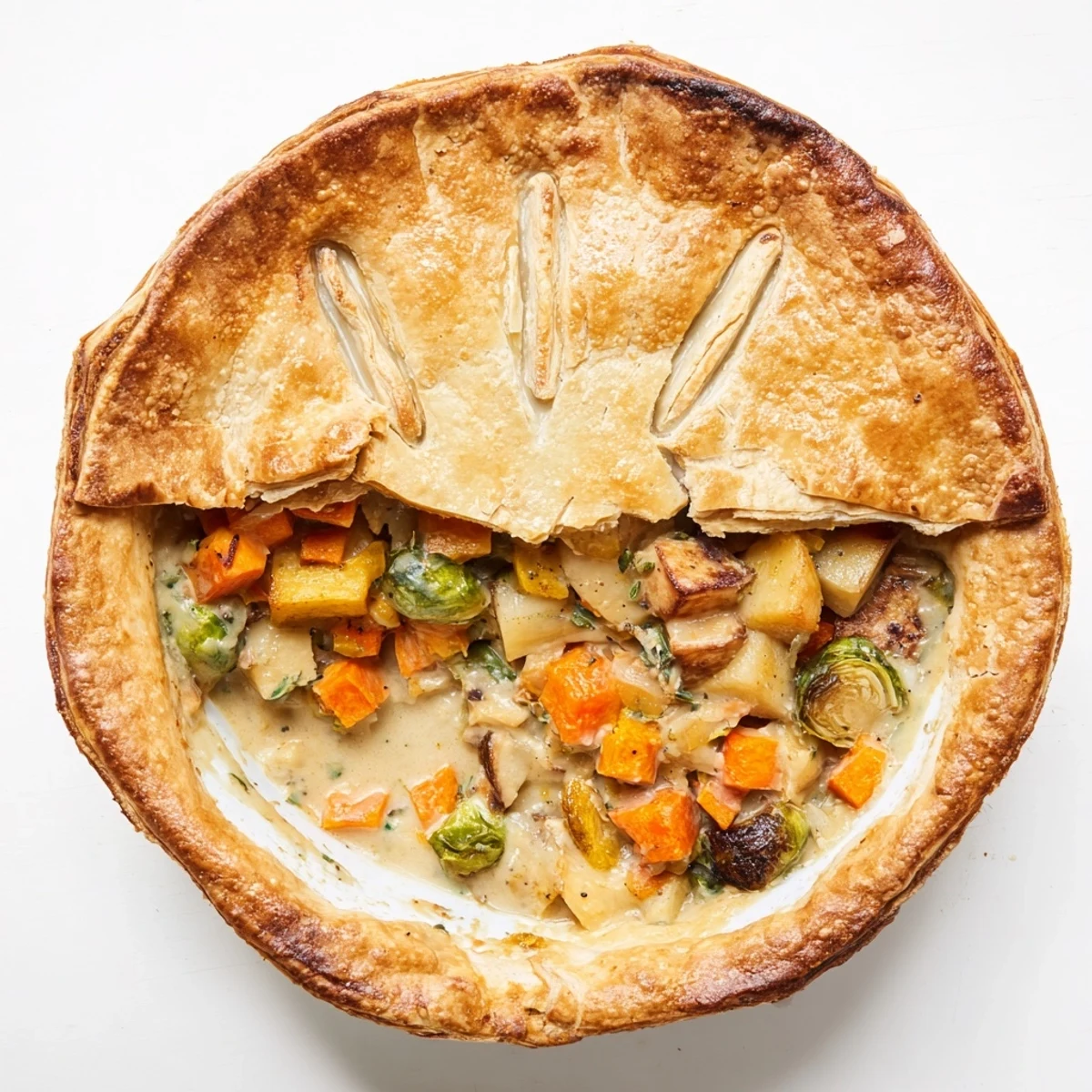 Serving of Leftover Roast Vegetable Pie paired with a fresh green salad.