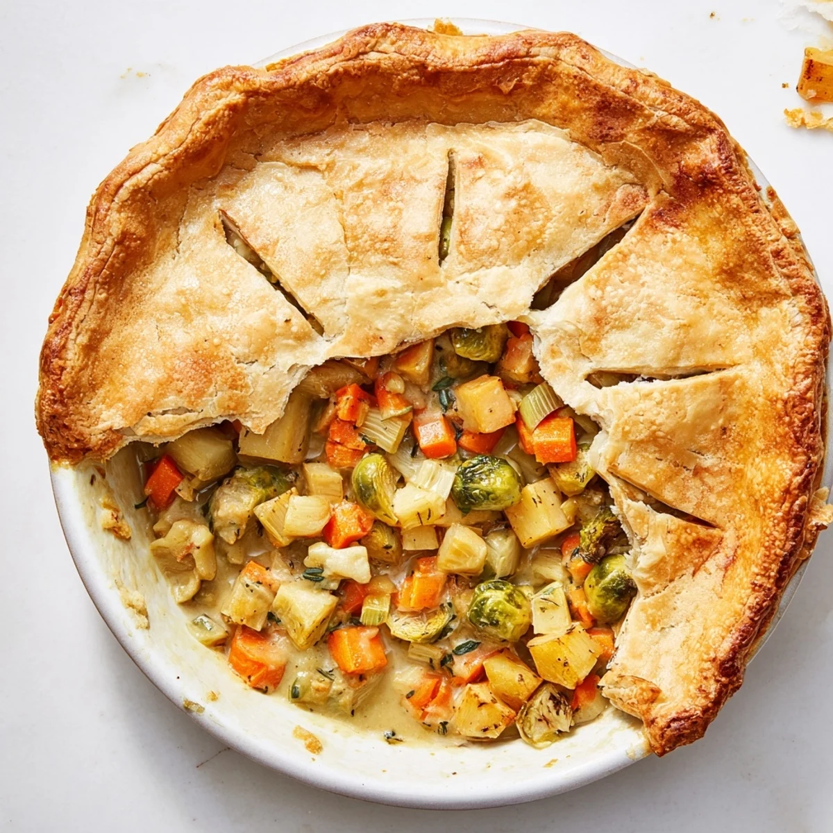 Close-up of Leftover Roast Vegetable Pie revealing hearty roasted carrots and potatoes inside.