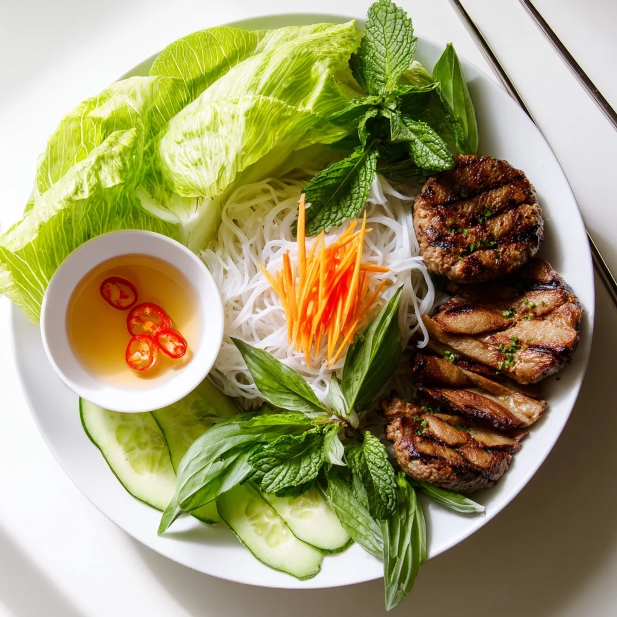 In a white bowl, Bun Cha Hanoi features charred pork, vermicelli, lettuce, cucumber, and mint leaves for dipping.