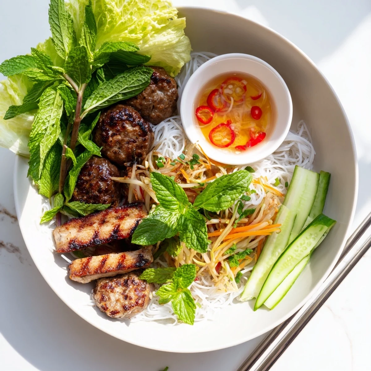 A close-up of Bun Cha Hanoi with juicy grilled pork patties and fresh herbs over rice noodles on a plate.